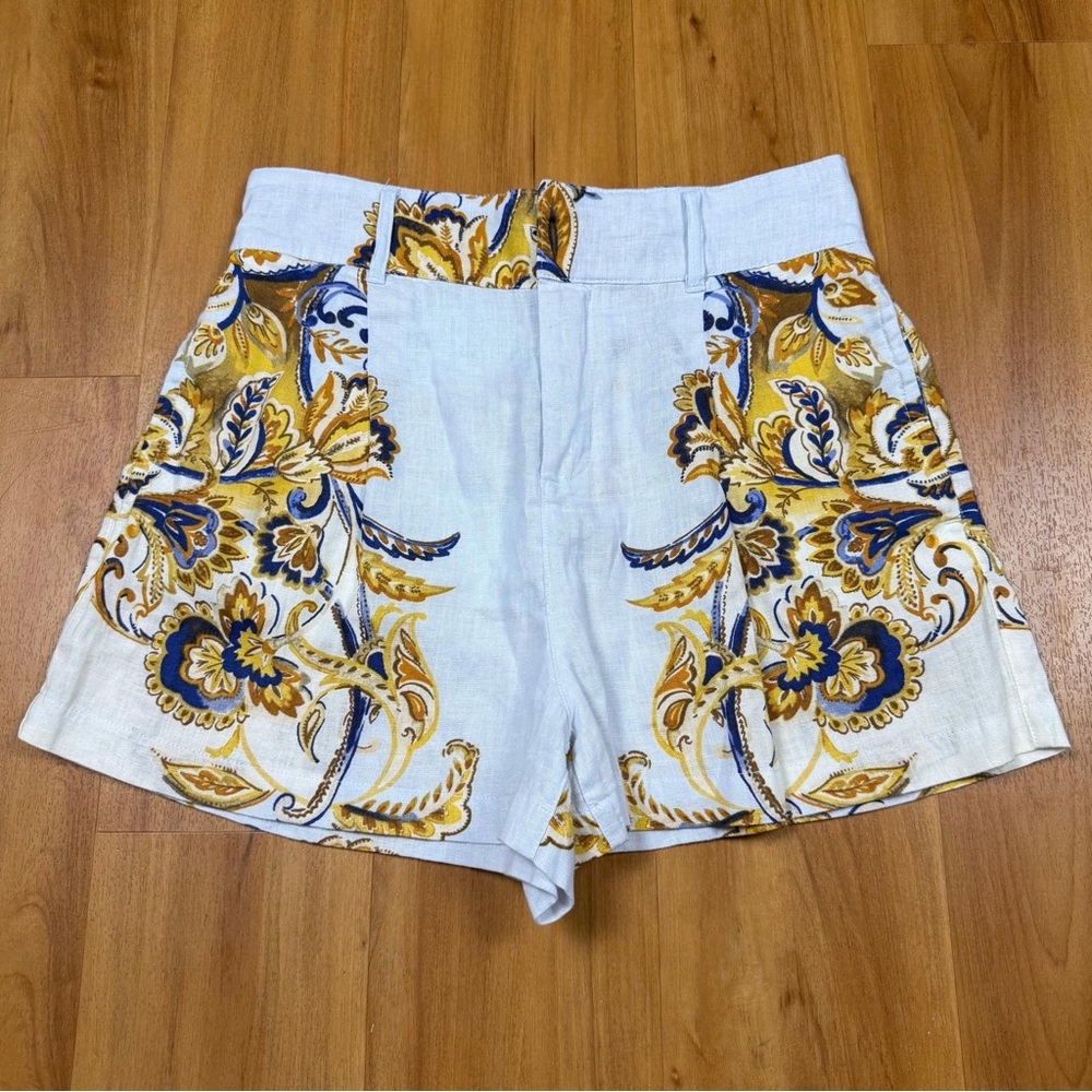 Joie 100% Linen Paisley Print Pull On Shorts Blue Yellow Elastic Waist M